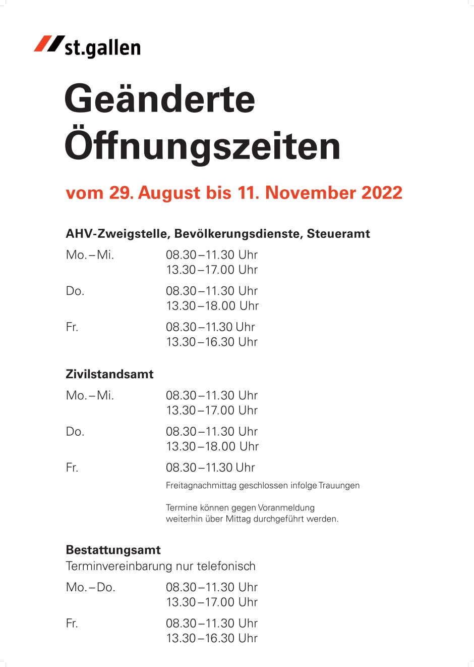 Geänderte Öffnungszeiten im Rathaus stadt.sg.ch